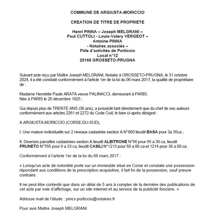 Avis de création de titre de propriété - Commune d'Arghjusta è Muricciu (Pumonti) Avis de création de titre de propriété - Commune d'Arghjusta è Muricciu (Pumonti)