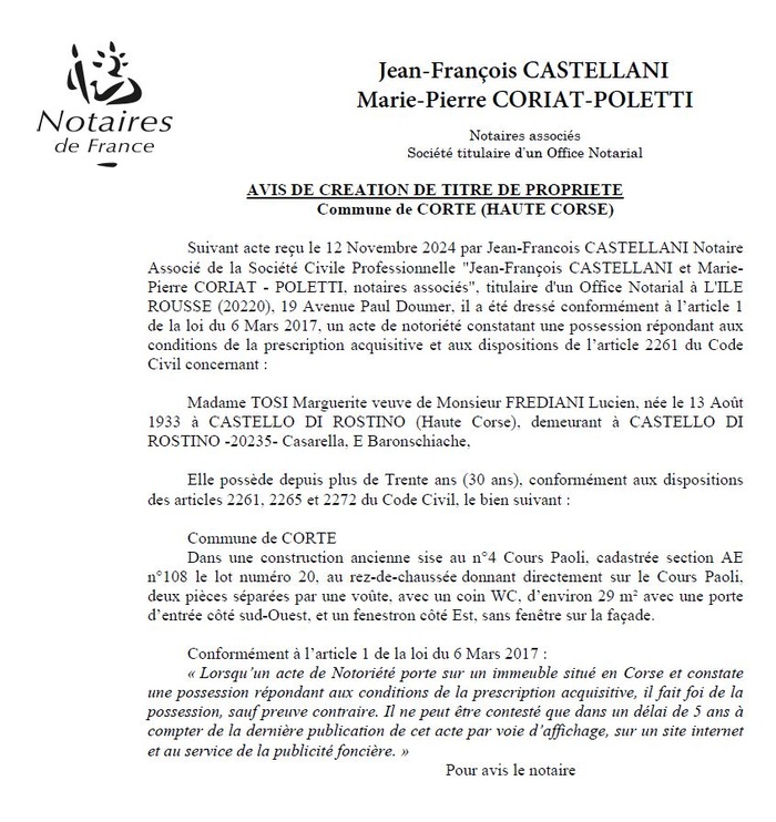 Avis de création de titre de propriété - Commune de Corti (Cismonte) Avis de création de titre de propriété - Commune de Corti (Cismonte)
