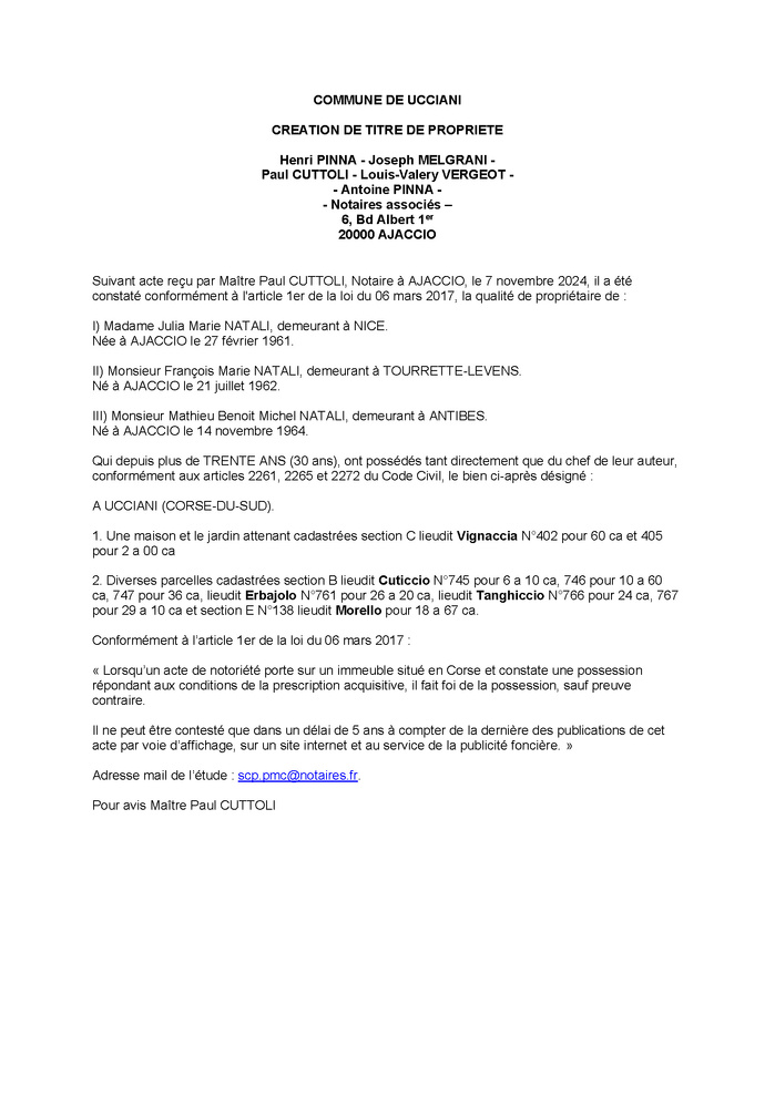 Avis de création de titre de propriété - Commune d'Aucciani (Pumonti) Avis de création de titre de propriété - Commune d'Aucciani (Pumonti)