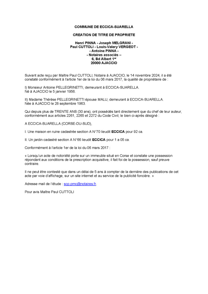 Avis de création de titre de propriété - Commune d'Eccica è Suaredda (Pumonti) Avis de création de titre de propriété - Commune d'Eccica è Suaredda (Pumonti)