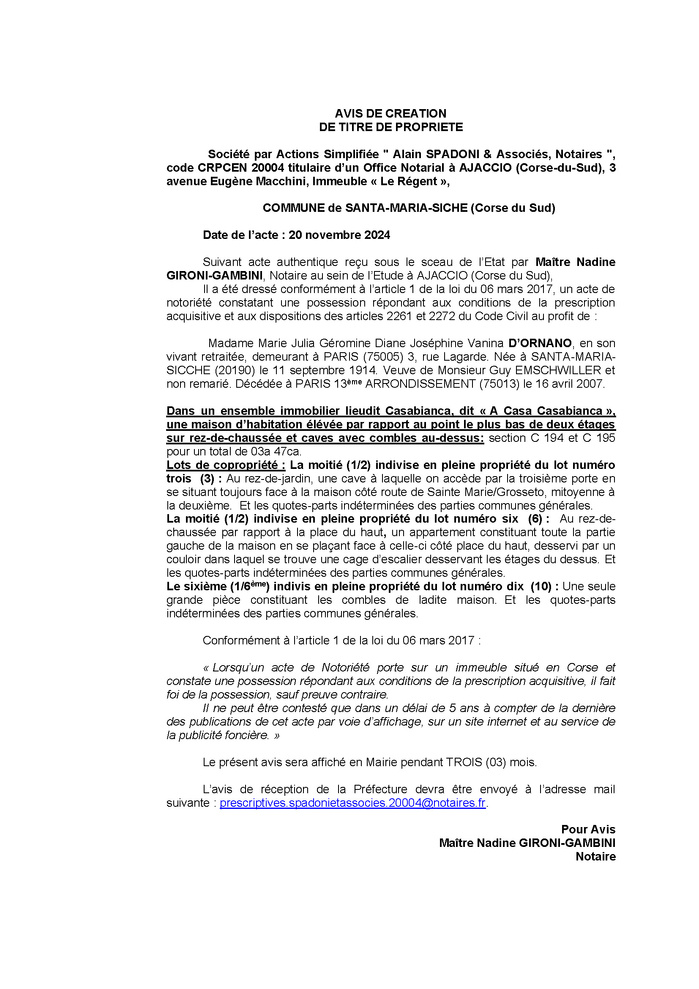 Avis de création de titre de propriété - Commune de Santa Maria Sichè (Pumonti) Avis de création de titre de propriété - Commune de Santa Maria Sichè (Pumonti)