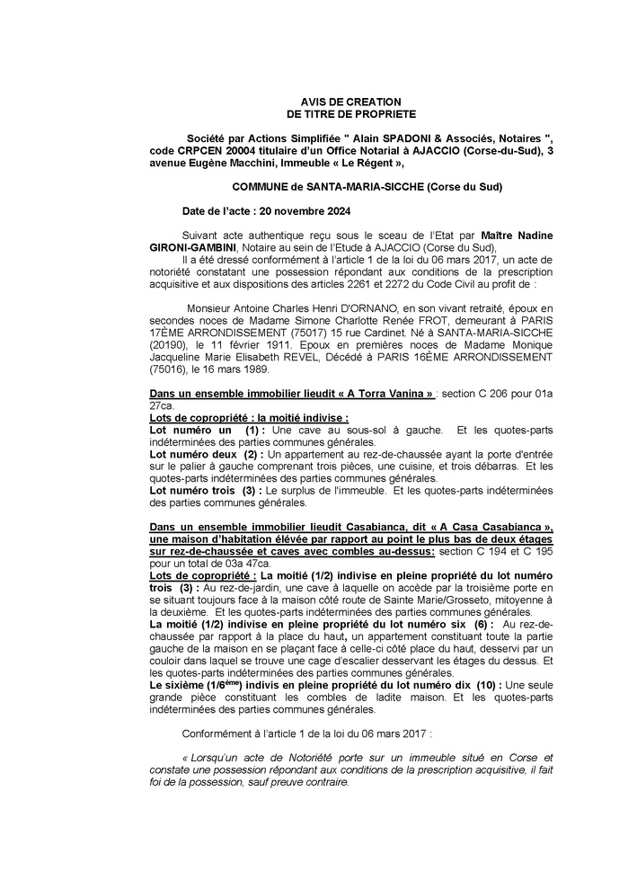 Avis de création de titre de propriété - Commune de Santa Maria Sichè (Pumonti)