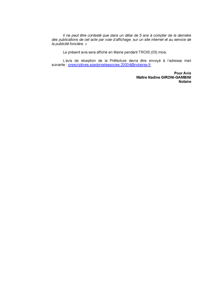 Avis de création de titre de propriété - Commune de Santa Maria Sichè (Pumonti)