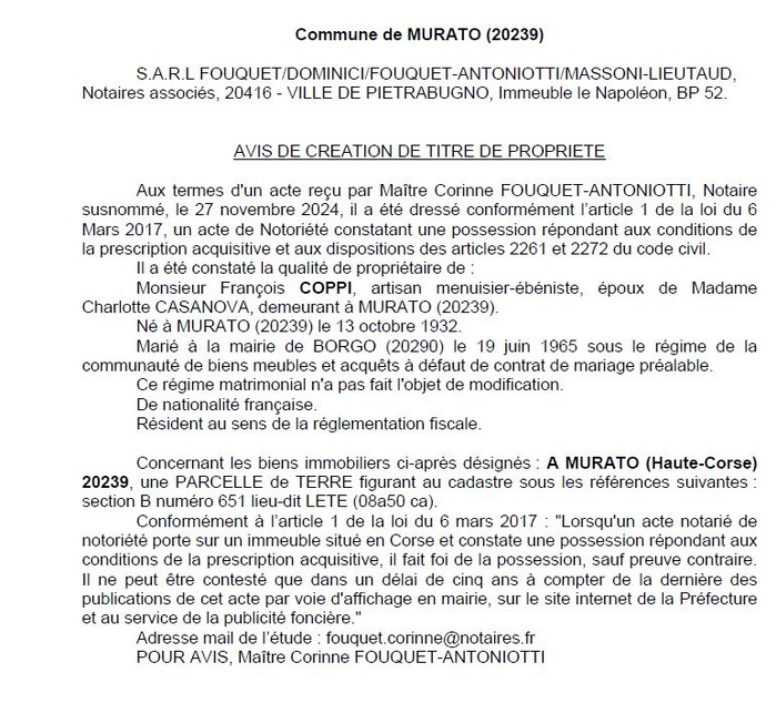 Avis de création de titre de propriété - Commune de Muratu (Cismonte) Avis de création de titre de propriété - Commune de Muratu (Cismonte)