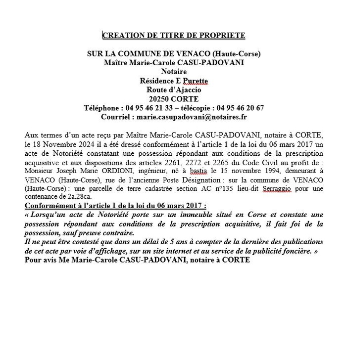 Avis de création de titre de propriété - Commune de Venacu (Cismonte)