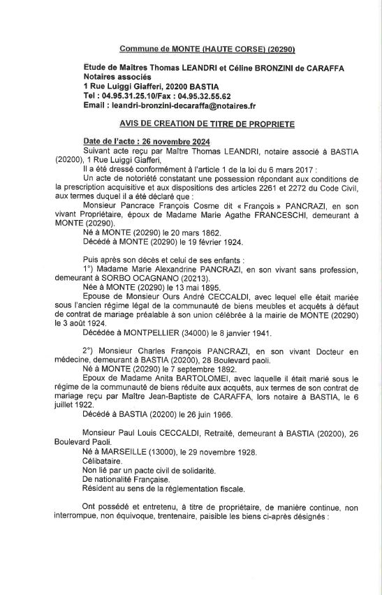 Avis de création de titre de propriété - Commune d'U Monte(Cismonte)