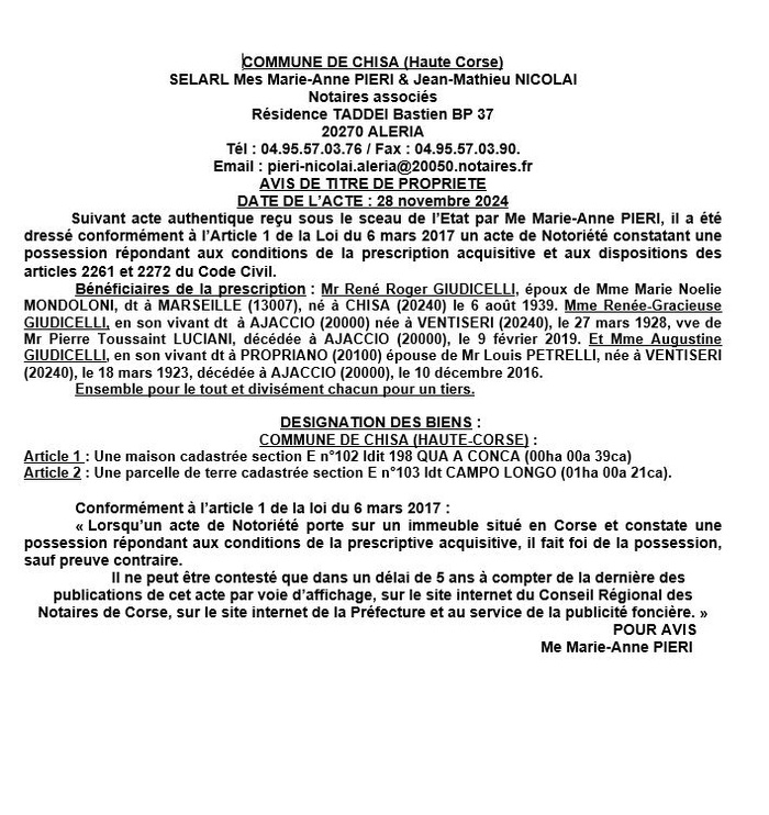 Avis de création de titre de propriété - Commune de Chisà (Cismonte) Avis de création de titre de propriété - Commune de Chisà (Cismonte)