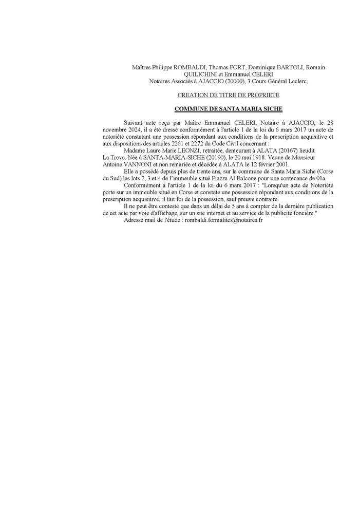 Avis de création de titre de propriété - Commune de Santa Maria Sichè (Pumonti) Avis de création de titre de propriété - Commune de Santa Maria Sichè (Pumonti)