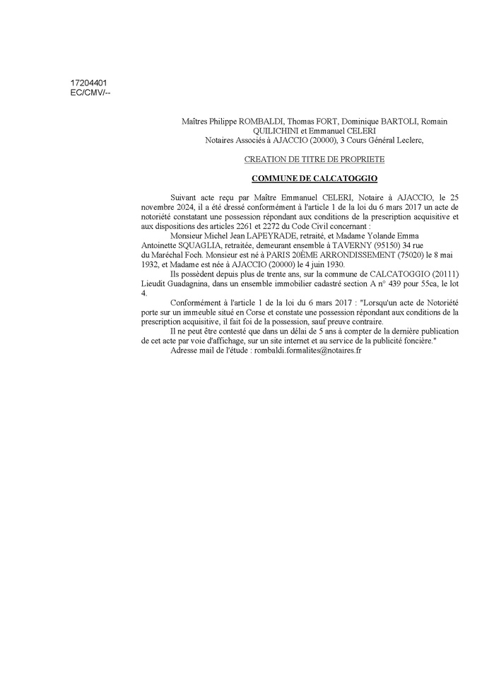 Avis de création de titre de propriété - Commune de Calcatoghju (Pumonti) Avis de création de titre de propriété - Commune de Calcatoghju (Pumonti)