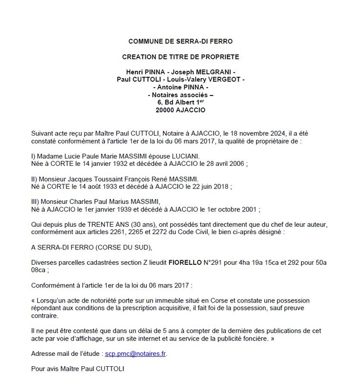 Avis de création de titre de propriété - Commune d'A Sarra di Farru (Pumonti) Avis de création de titre de propriété - Commune d'A Sarra di Farru (Pumonti)