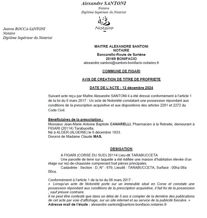 Avis de création de titre de propriété - Commune de Figari (Pumonti) Avis de création de titre de propriété - Commune de Figari (Pumonti)
