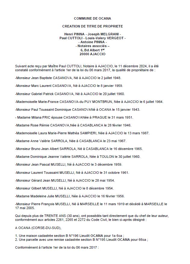 Avis de création de titre de propriété - Commune d'Ocana (Pumonti) Avis de création de titre de propriété - Commune d'Ocana (Pumonti)