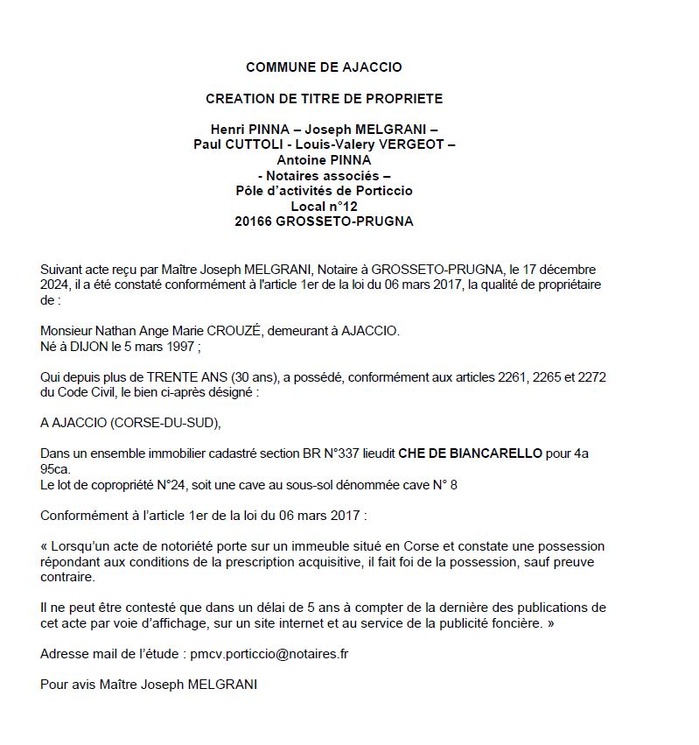 Avis de création de titre de propriété - Commune d'Aiacciu (Pumonti) Avis de création de titre de propriété - Commune d'Aiacciu (Pumonti)