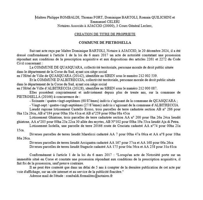 Avis de création de titre de propriété - Commune de Pitrusedda (Pumonti) Avis de création de titre de propriété - Commune de Pitrusedda (Pumonti)