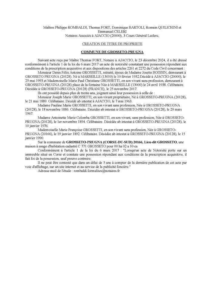 Avis de création de titre de propriété - Commune de Grussettu è Prugna (Pumonti) Avis de création de titre de propriété - Commune de Grussettu è Prugna (Pumonti)