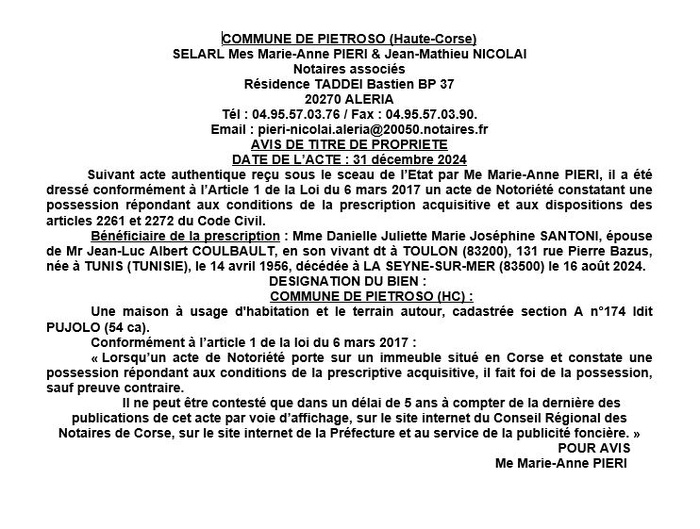 Avis de création de titre de propriété - Commune d'U Petrosu (Cismonte) Avis de création de titre de propriété - Commune d'U Petrosu (Cismonte)