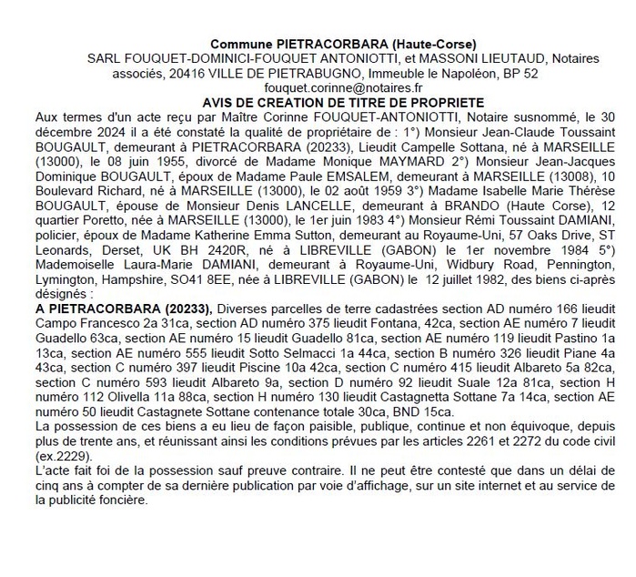 Avis de création de titre de propriété - Commune d'A Petracurbara (Cismonte) Avis de création de titre de propriété - Commune d'A Petracurbara (Cismonte)