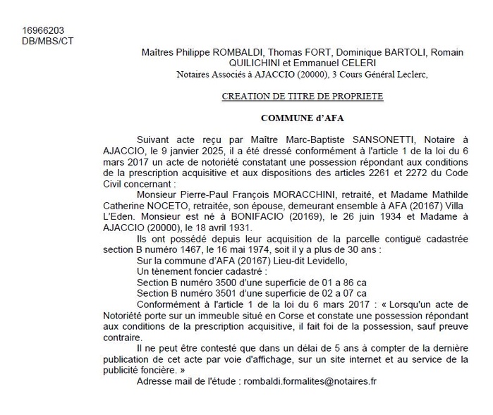 Avis de création de titre de propriété - Commune d'Afa (Pumonti) Avis de création de titre de propriété - Commune d'Afa (Pumonti)