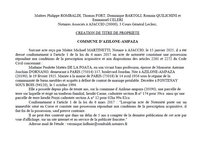 Avis de création de titre de propriété - Commune d'Azilonu è Ampaza (Pumonti) Avis de création de titre de propriété - Commune d'Azilonu è Ampaza (Pumonti)