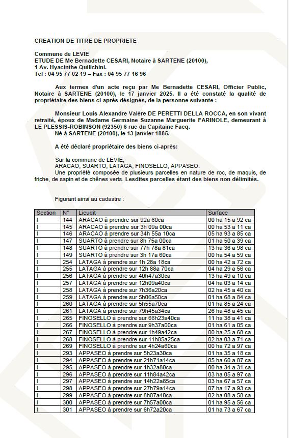Avis de création de titre de propriété - Commune de Livia (Pumonti)