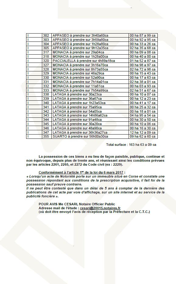 Avis de création de titre de propriété - Commune de Livia (Pumonti)