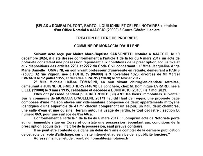 Avis de création de titre de propriété - Commune d'A Munacia d'Auddè (Pumonti)