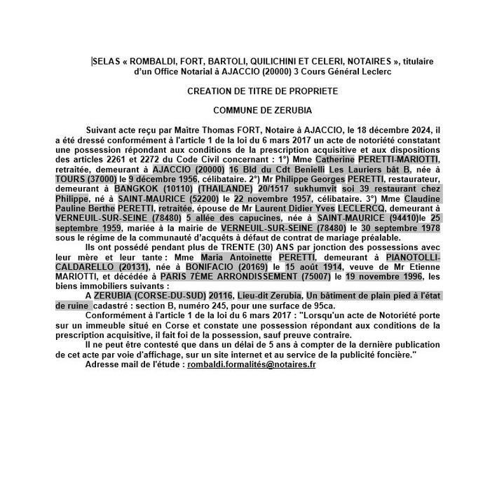 Avis de création de titre de propriété - Commune de Zirubia (Pumonti) Avis de création de titre de propriété - Commune de Zirubia (Pumonti)