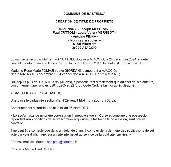 Avis de création de titre de propriété - Commune de Bastelica (Pumonti) Avis de création de titre de propriété - Commune de Bastelica (Pumonti)