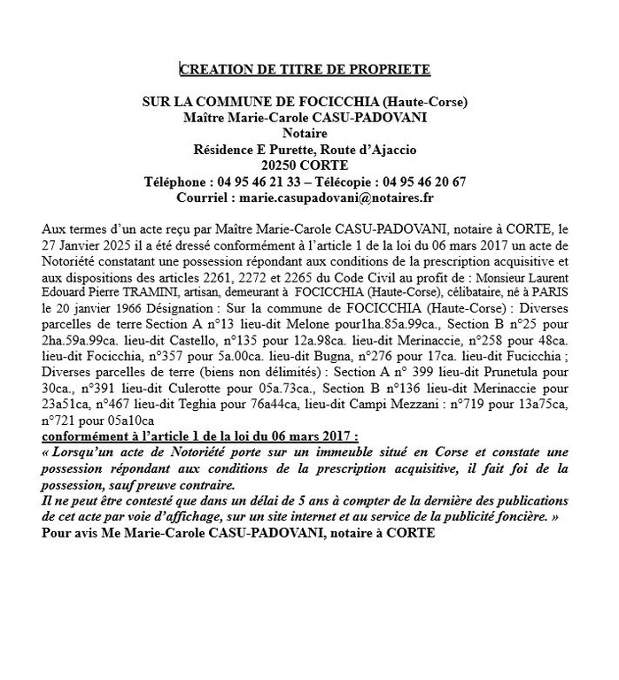Avis de création de titre de propriété - Commune de Fughjichja (Cismonte) Avis de création de titre de propriété - Commune de Fughjichja (Cismonte)