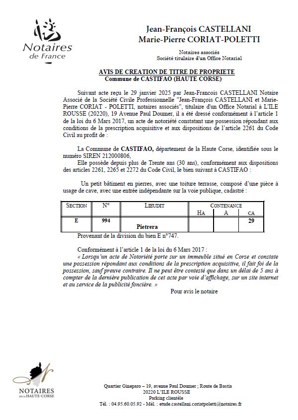 Avis de création de titre de propriété - Commune de Castifau (Cismonte) Avis de création de titre de propriété - Commune de Castifau (Cismonte)