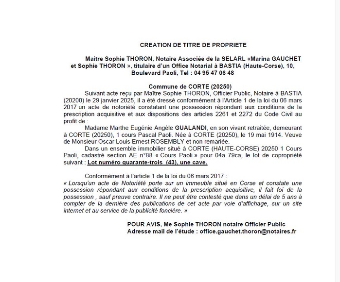 Avis de création de titre de propriété - Commune de Corti (Cismonte) Avis de création de titre de propriété - Commune de Corti (Cismonte)