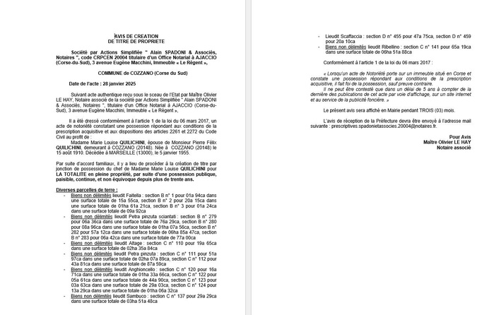 Avis de création de titre de propriété - Commune de Cuzzà (Pumonti) Avis de création de titre de propriété - Commune de Cuzzà (Pumonti)