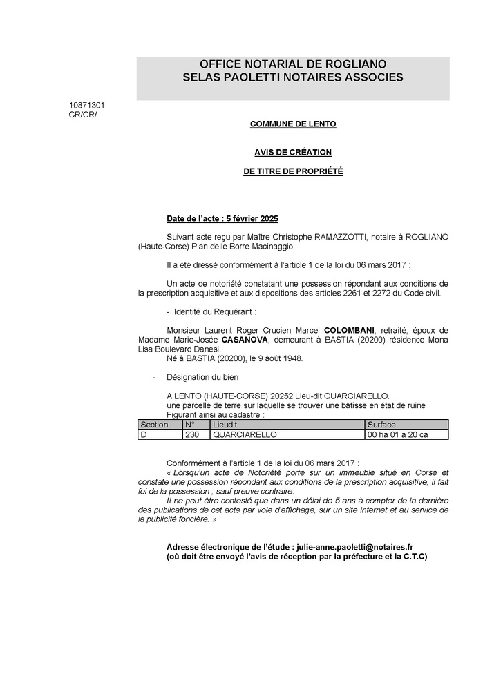 Avis de création de titre de propriété - Commune de Lentu (Cismonte) Avis de création de titre de propriété - Commune de Lentu (Cismonte)