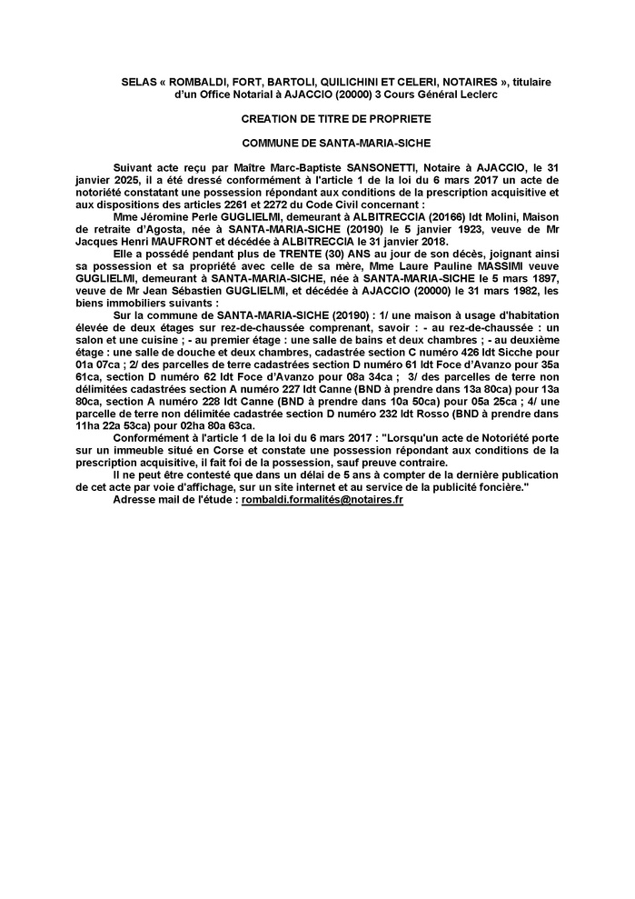 Avis de création de titre de propriété - Commune de Santa Maria Sichè (Pumonti) Avis de création de titre de propriété - Commune de Santa Maria Sichè (Pumonti)