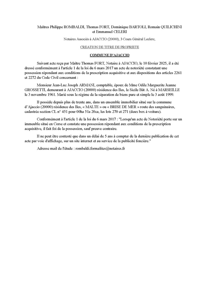 Avis de création de titre de propriété - Commune d'Aiacciu (Pumonti) Avis de création de titre de propriété - Commune d'Aiacciu (Pumonti)