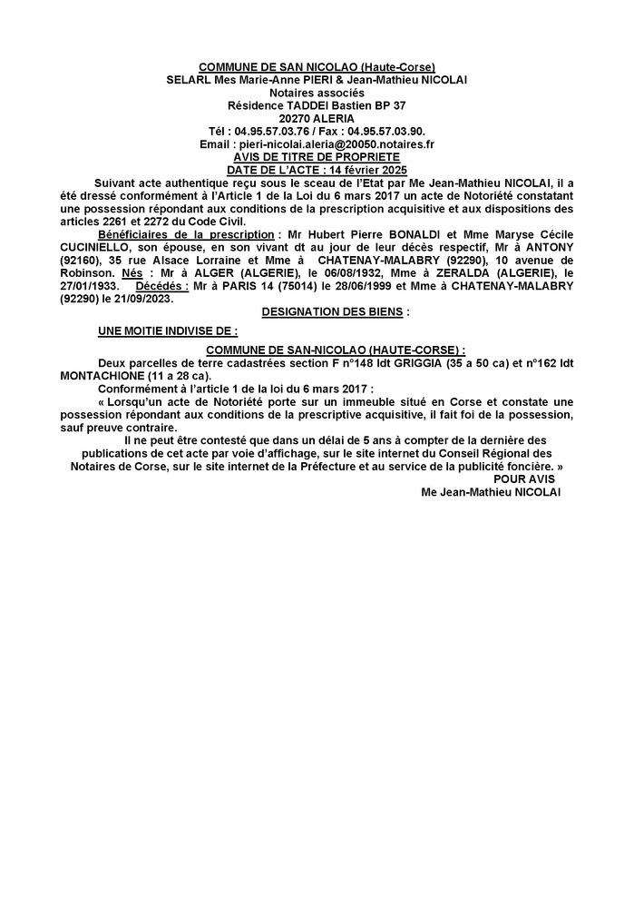 Avis de création de titre de propriété - Commune de Santu Niculaiu (Cismonte) Avis de création de titre de propriété - Commune de Santu Niculaiu (Cismonte)
