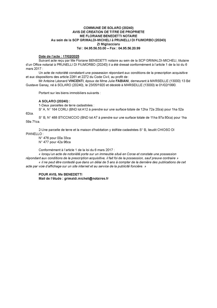 Avis de création de titre de propriété - Commune d'U Sulaghju (Cismonte) Avis de création de titre de propriété - Commune d'U Sulaghju (Cismonte)