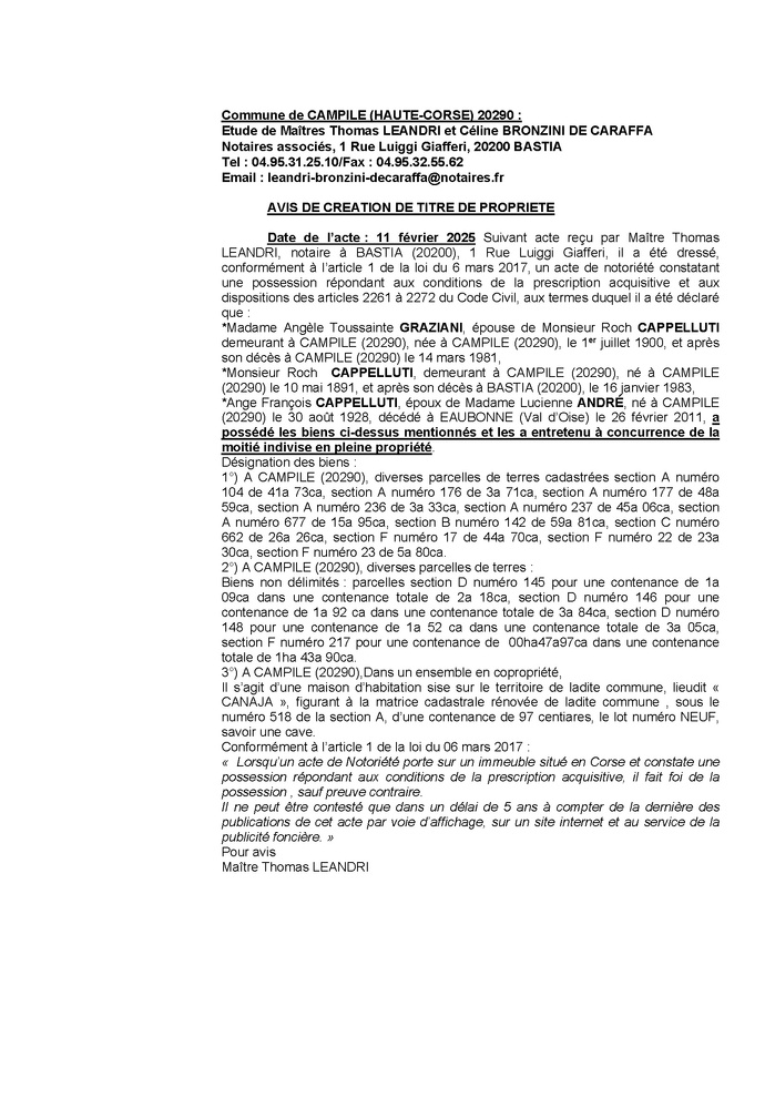 Avis de création de titre de propriété - Commune de Campile (Cismonte) Avis de création de titre de propriété - Commune de Campile (Cismonte)