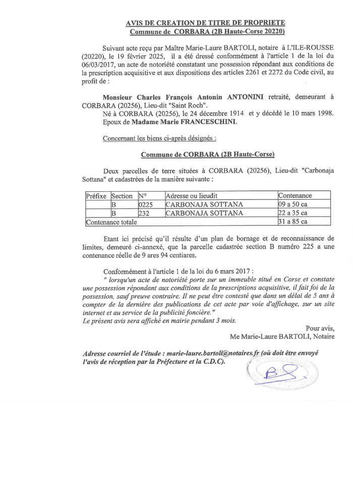 Avis de création de titre de propriété - Commune d'A Curbaghja (Cismonte) Avis de création de titre de propriété - Commune d'A Curbaghja (Cismonte)