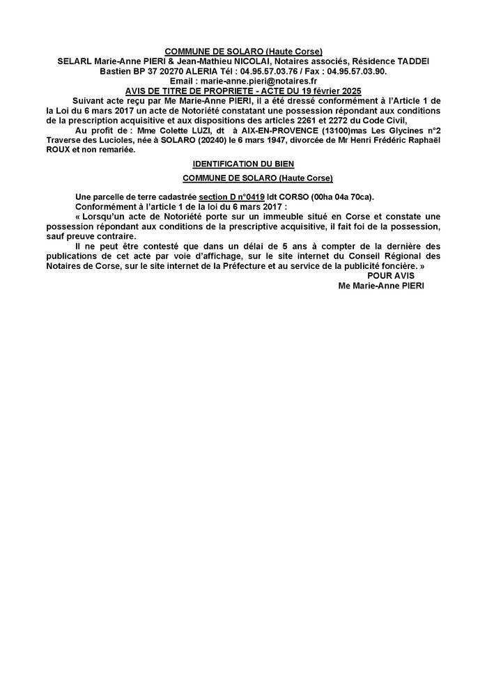 Avis de création de titre de propriété - Commune d'U Sulaghju (Cismonte) Avis de création de titre de propriété - Commune d'U Sulaghju (Cismonte)