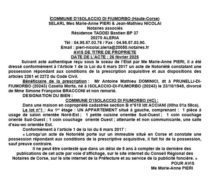 Avis de création de titre de propriété - Commune de L'Isulacciu di Fiumorbu (Cismonte) Avis de création de titre de propriété - Commune de L'Isulacciu di Fiumorbu (Cismonte)