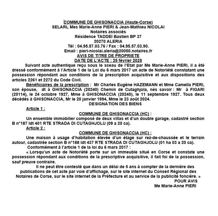 Avis de création de titre de propriété - Commune d'A Ghisunaccia (Cismonte) Avis de création de titre de propriété - Commune d'A Ghisunaccia (Cismonte)