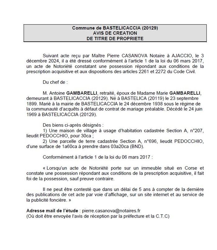 Avis de création de titre de propriété - Commune d'A Bastilicaccia (Pumonti) Avis de création de titre de propriété - Commune d'A Bastilicaccia (Pumonti)