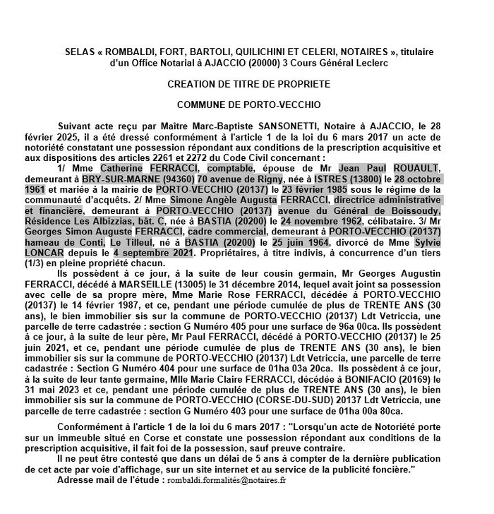 Avis de création de titre de propriété - Commune de Portivechju (Pumonti) Avis de création de titre de propriété - Commune de Portivechju (Pumonti)