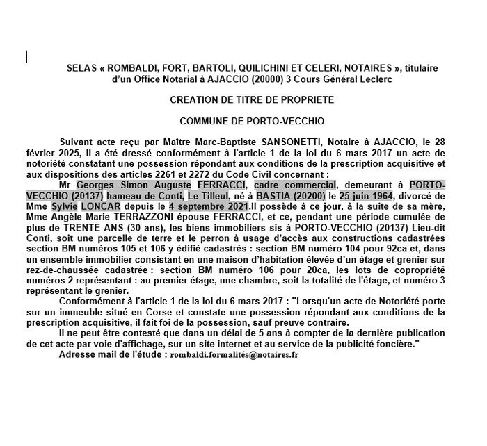 Avis de création de titre de propriété - Commune de Portivechju (Pumonti) Avis de création de titre de propriété - Commune de Portivechju (Pumonti)