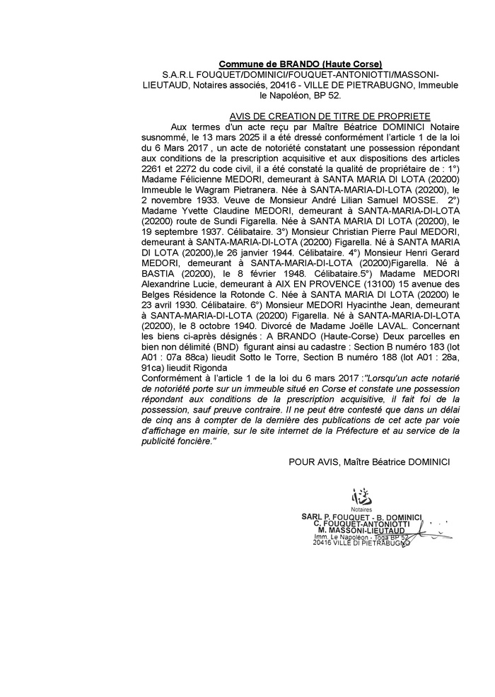 Avis de création de titre de propriété - Commune de Brandu (Cismonte) Avis de création de titre de propriété - Commune de Brandu (Cismonte)