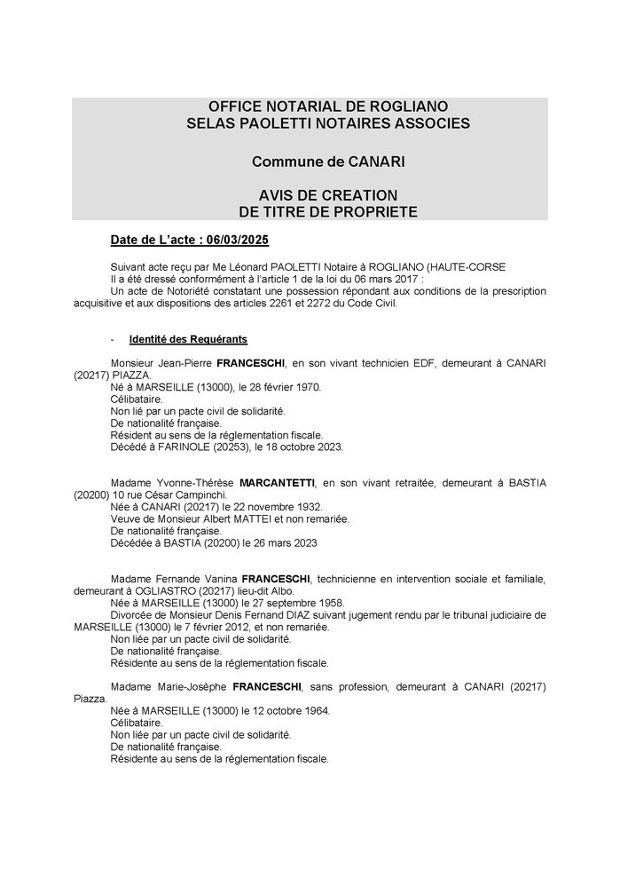 Avis de création de titre de propriété - Commune de Canari (Cismonte) Avis de création de titre de propriété - Commune de Canari (Cismonte)