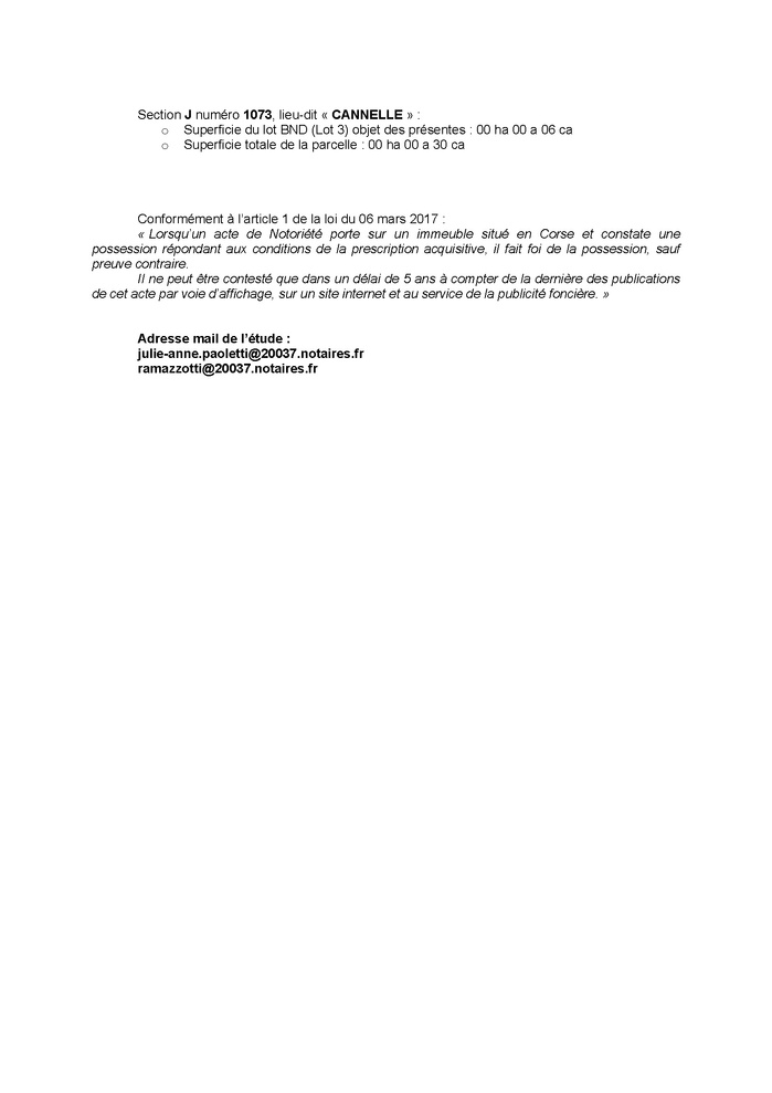 Avis de création de titre de propriété - Commune de Canari (Cismonte) Avis de création de titre de propriété - Commune de Canari (Cismonte)