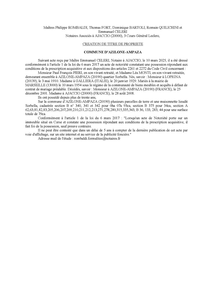 Avis de création de titre de propriété - Commune d'Azilonu è Ampaza (Pumonti) Avis de création de titre de propriété - Commune d'Azilonu è Ampaza (Pumonti)