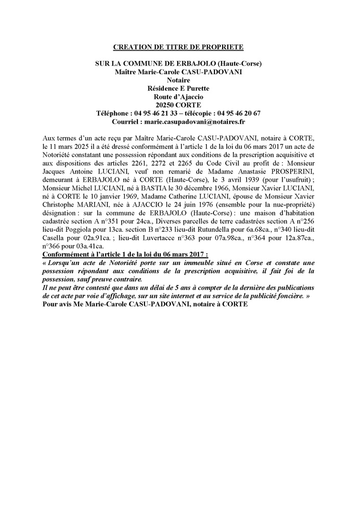 Avis de création de titre de propriété - Commune d'Erbaghjolu (Cismonte) Avis de création de titre de propriété - Commune d'Erbaghjolu (Cismonte)